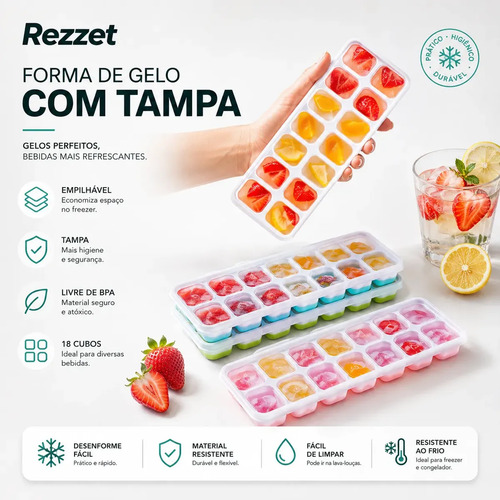 Kit 4 Formas de Gelo Rezzet com Tampa e Fundo Flexível em Silicone