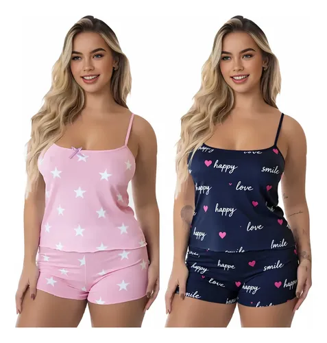 Kit 4 pecas 2 conjuntos pijama feminino baby doll sortidos