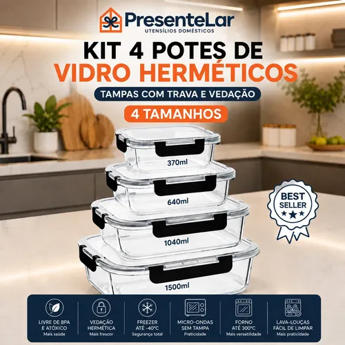 Kit 4 potes de vidro hermetico marmita varios tamanhos