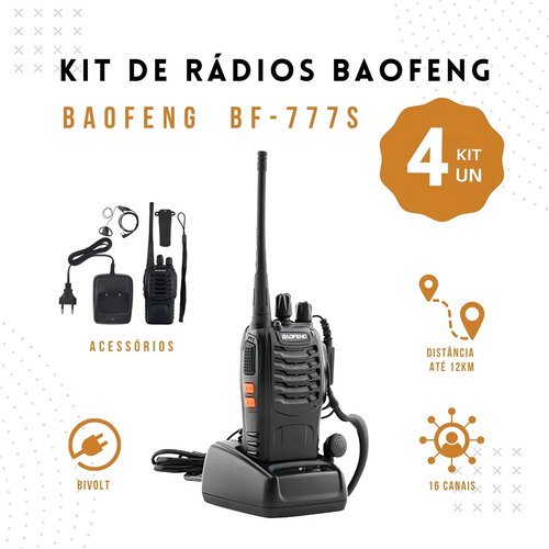 Kit 4 Radios Baofeng Comunicador Frequencia Profissional 16 Canais Cor Preto BF-777S
