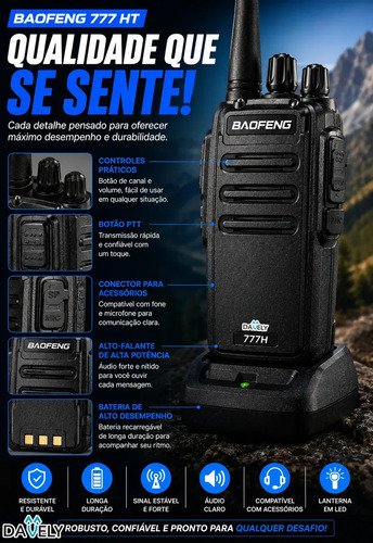 Kit 4 Rádios Comunicadores Walkie Talkie Profissional Eventos HT UHF Radinho walk talk - Com Fone Microfone e Acessórios Comunicação Segura Longo distancia Segurança Garçom Portátil Antena PTT Davely