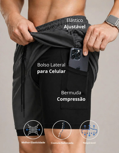 Kit 4 Shorts 2 Em 1 Duplo Bolso Para Academia Treino Corrida