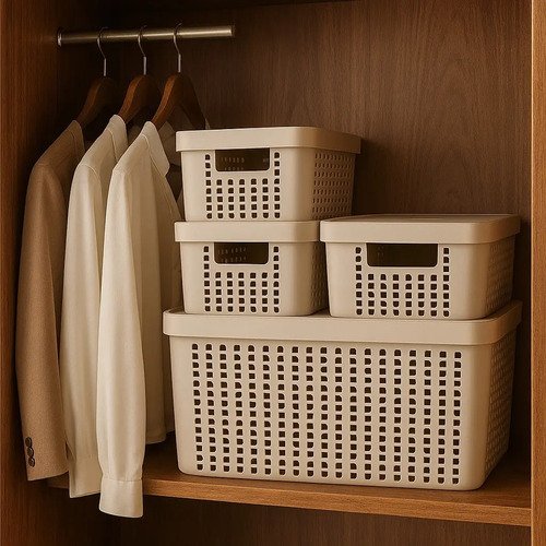 Kit 5 Caixas Organizadoras 2l 4,5l 17l Com Tampa Multiuso Cor Bege