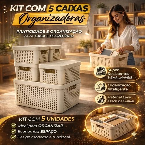 Kit 5 Caixas Organizadoras 2l 4,5l 17l Com Tampa Multiuso Cor Bege