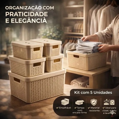 Kit 5 Caixas Organizadoras 2l 4,5l 17l Com Tampa Multiuso Cor Bege
