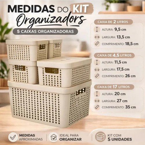 Kit 5 Caixas Organizadoras 2l 4,5l 17l Com Tampa Multiuso Cor Bege