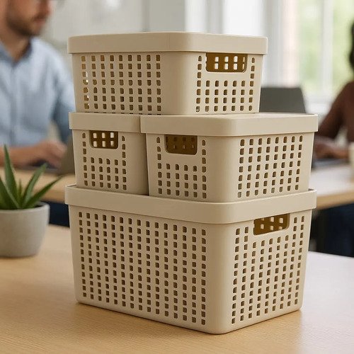 Kit 5 Caixas Organizadoras 2l 4,5l 17l Com Tampa Multiuso Cor Bege