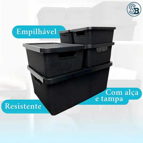 Kit 5 Caixas Organizadoras Cesto Tampa Multiuso 2l 6l 16l Casa Cozinha Banheiro