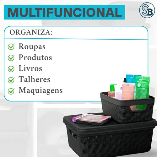 Kit 5 Caixas Organizadoras Cesto Tampa Multiuso 2l 6l 16l Casa Cozinha Banheiro