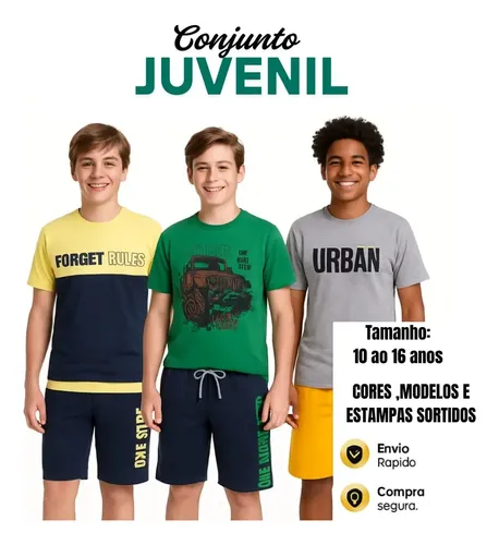 Kit 5 conjuntos infantil juvenil camiseta bermuda menino