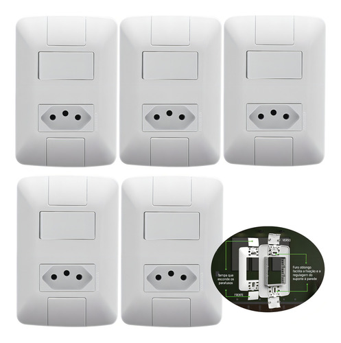 Kit 5 interruptor com tomada tramontina 10a 250v branca