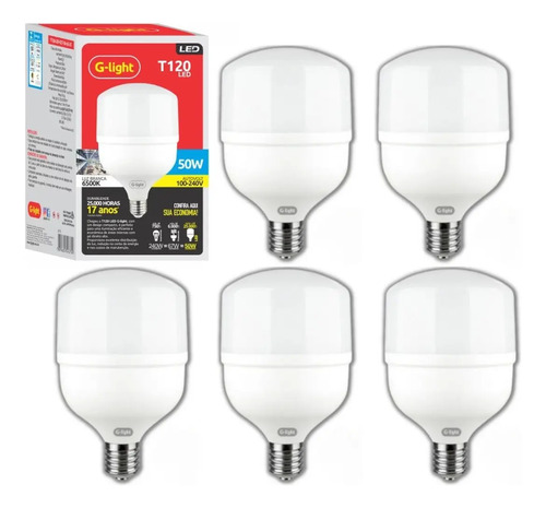 Kit 5 lampadas led 50w bulbo 6500k branco frio alta potencia