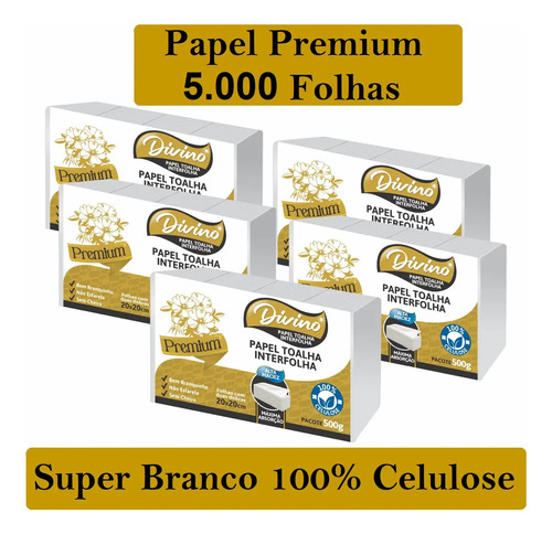Kit 5 papel toalha interfolha divino premium super branco 10