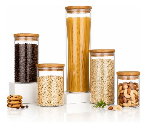 Kit 5 potes mantimentos vidro hermeticos com tampa bambu alt