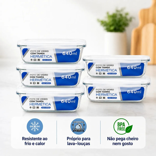 Kit 5 potes vidro hermetico 640ml marmita forno micro ondas