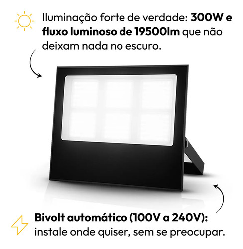 Kit 5 Refletor Led 300w 6500k Branco Frio Ip65 A Prova D'água Preto Cod: Alut010041-5 Alut By Avant