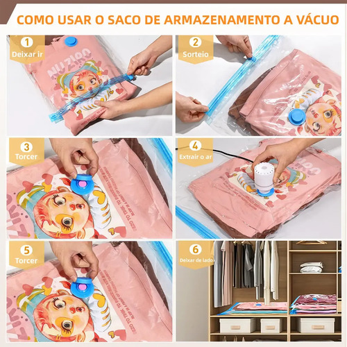 Kit 5 Sacos Vácuo 60x80cm Bomba Elétrica Antimofo Roupas
