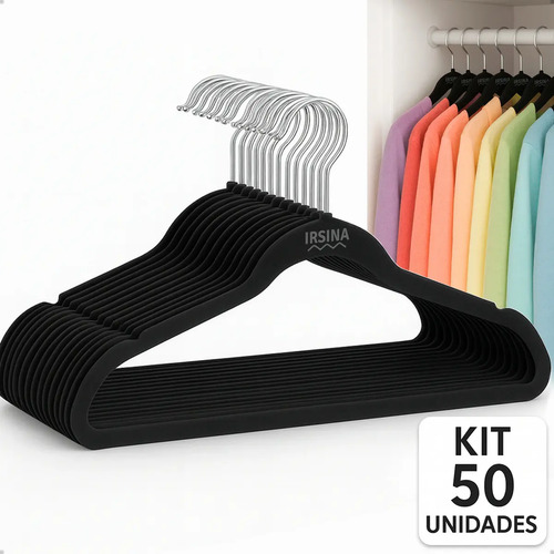Kit 50 cabides veludo preto antideslizante slim irsina aco i