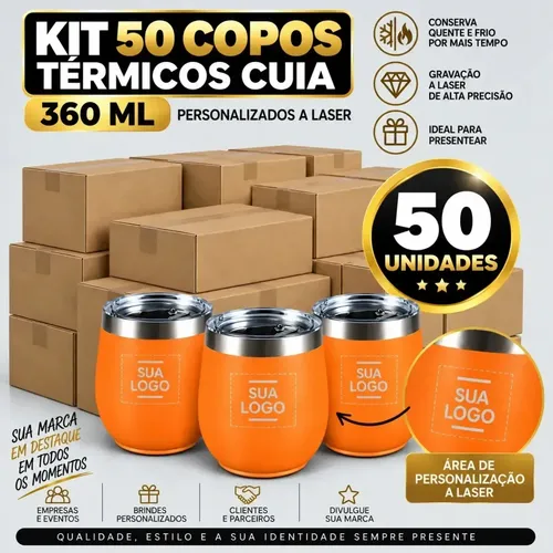 Kit 50 Copos Térmicos Cuia Tampa 360ml Personalizado Logo