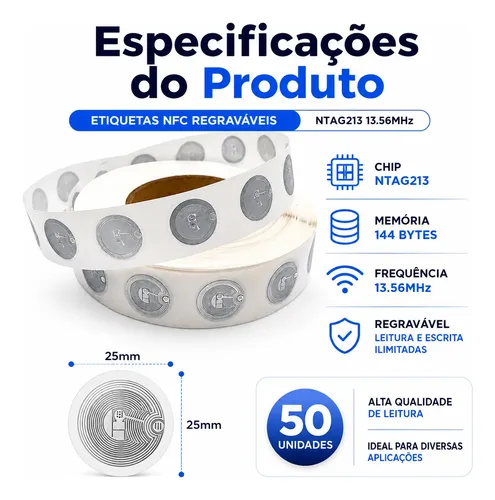 Kit 50 Etiqueta Tag Nfc Tag Leitura 13,56mhz Tag Regravável
