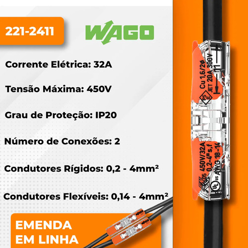 Kit 50 Peças Conectores Emenda De Fios Inline 221-2411 Wago
