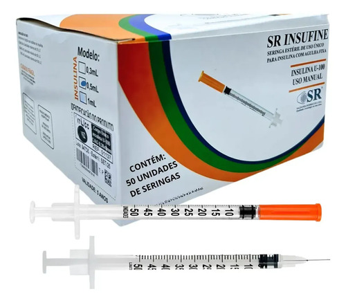 Kit 50 unidades seringa insulina 05ml agulha fixa ultrafina