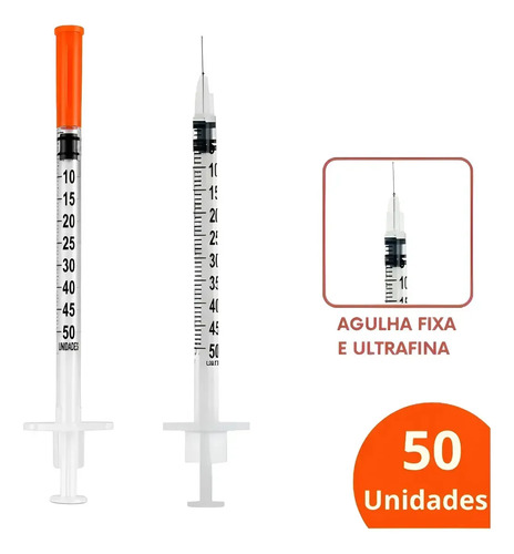 Kit 50 Unidades Seringa Insulina 0.5ml agulha fixa Ultrafina SR 50UI