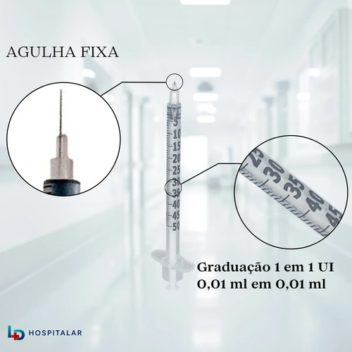 Kit 50 Unidades Seringa Insulina 0.5ml agulha fixa Ultrafina SR 50UI