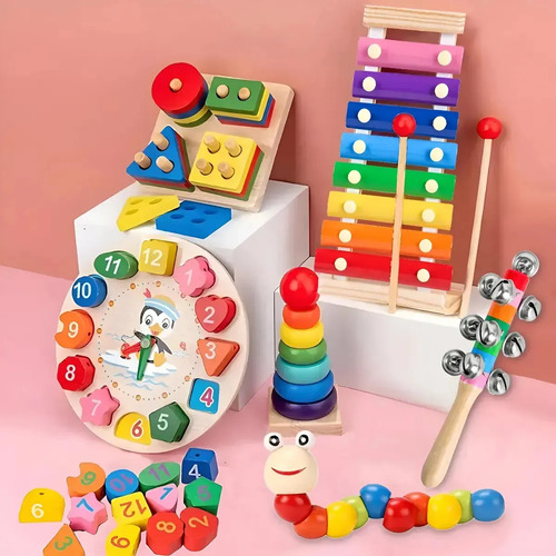 Kit 6 brinquedos pedagogicos madeira primeira infancia color