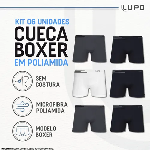 Kit 6 Cuecas Lupo Boxer Poliamida Sem Costura Box Masculina