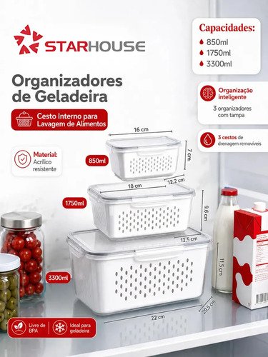 Kit 6 Organizadores Geladeira Alimentos Legumes Verduras Frutas Transparente Com Tampa Trava Hermético Escorredor - Starhouse