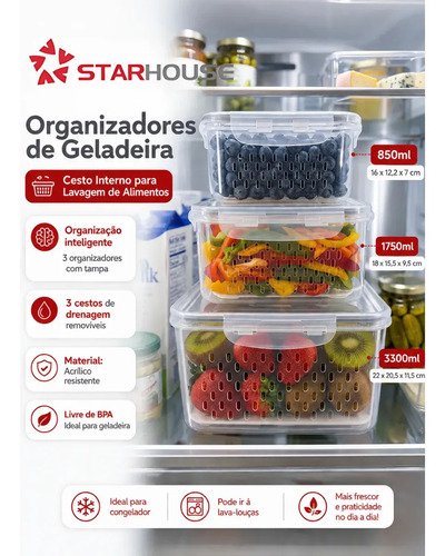 Kit 6 Organizadores Geladeira Alimentos Legumes Verduras Frutas Transparente Com Tampa Trava Hermético Escorredor - Starhouse