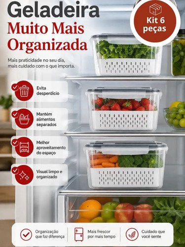 Kit 6 Organizadores Geladeira Alimentos Legumes Verduras Frutas Transparente Com Tampa Trava Hermético Escorredor - Starhouse