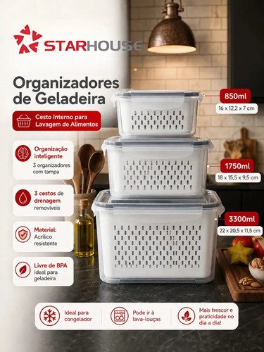 Kit 6 Organizadores Geladeira Alimentos Legumes Verduras Frutas Transparente Com Tampa Trava Hermético Escorredor - Starhouse