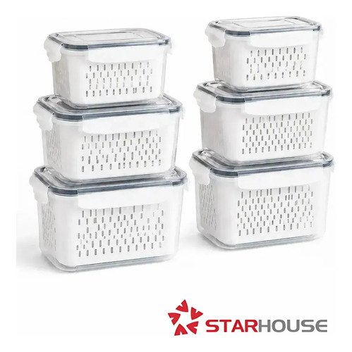 Kit 6 Organizadores Geladeira Alimentos Legumes Verduras Frutas Transparente Com Tampa Trava Hermético Escorredor - Starhouse