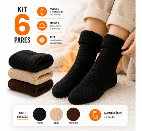 Kit 6 Par Meias Térmica Quente Inverno Frio Neve Forrada