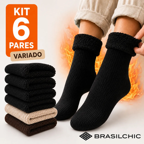 Kit 6 Par Meias Térmica Quente Inverno Frio Neve Forrada