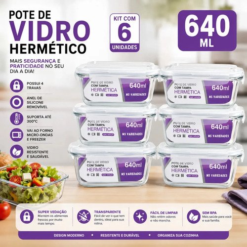 Kit 6 potes 640ml vidro borossilicato hermetico 4 travas mar