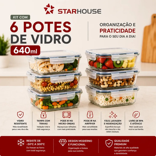 Kit 6 potes 640ml vidro hermetico 4 travas marmita refratari