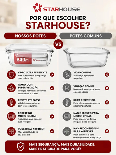 Kit 6 Potes 640ml Vidro Hermético 4 Travas Marmita Refratario Star House com 4 travas de super vedação