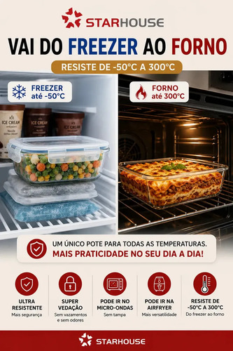Kit 6 Potes 640ml Vidro Hermético 4 Travas Marmita Refratario Star House com 4 travas de super vedação