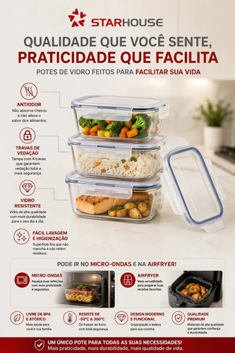 Kit 6 Potes 640ml Vidro Hermético 4 Travas Marmita Refratario Star House com 4 travas de super vedação