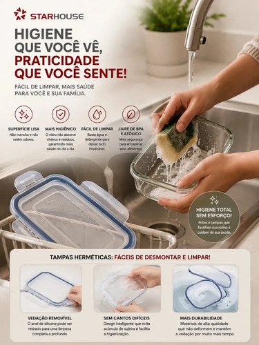 Kit 6 Potes 640ml Vidro Hermético 4 Travas Marmita Refratario Star House com 4 travas de super vedação