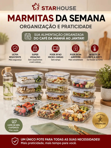 Kit 6 Potes 640ml Vidro Hermético 4 Travas Marmita Refratario Star House com 4 travas de super vedação