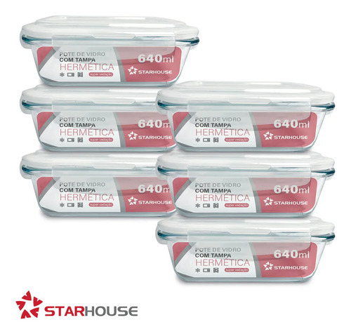 Kit 6 Potes 640ml Vidro Hermético 4 Travas Marmita Refratario Star House com 4 travas de super vedação