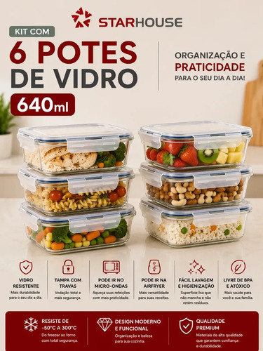 Kit 6 Potes 640ml Vidro Hermético 4 Travas Marmita Refratario Star House com 4 travas de super vedação