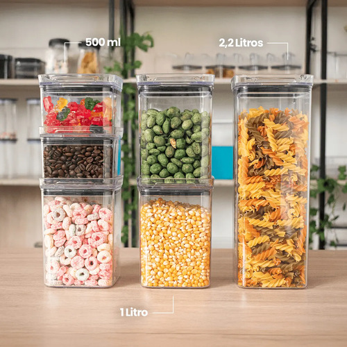 Kit 6 Potes Herméticos Quadrados Amobox 500ml 1000ml 2200ml