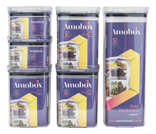 Kit 6 Potes Herméticos Quadrados Amobox 500ml 1000ml 2200ml