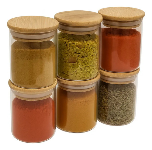 Kit 6 potes vidro 200ml porta tempero hermetico tampa bambu