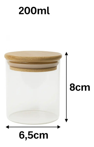Kit 6 Potes Vidro 200ml Porta Tempero Hermético Tampa Bambu